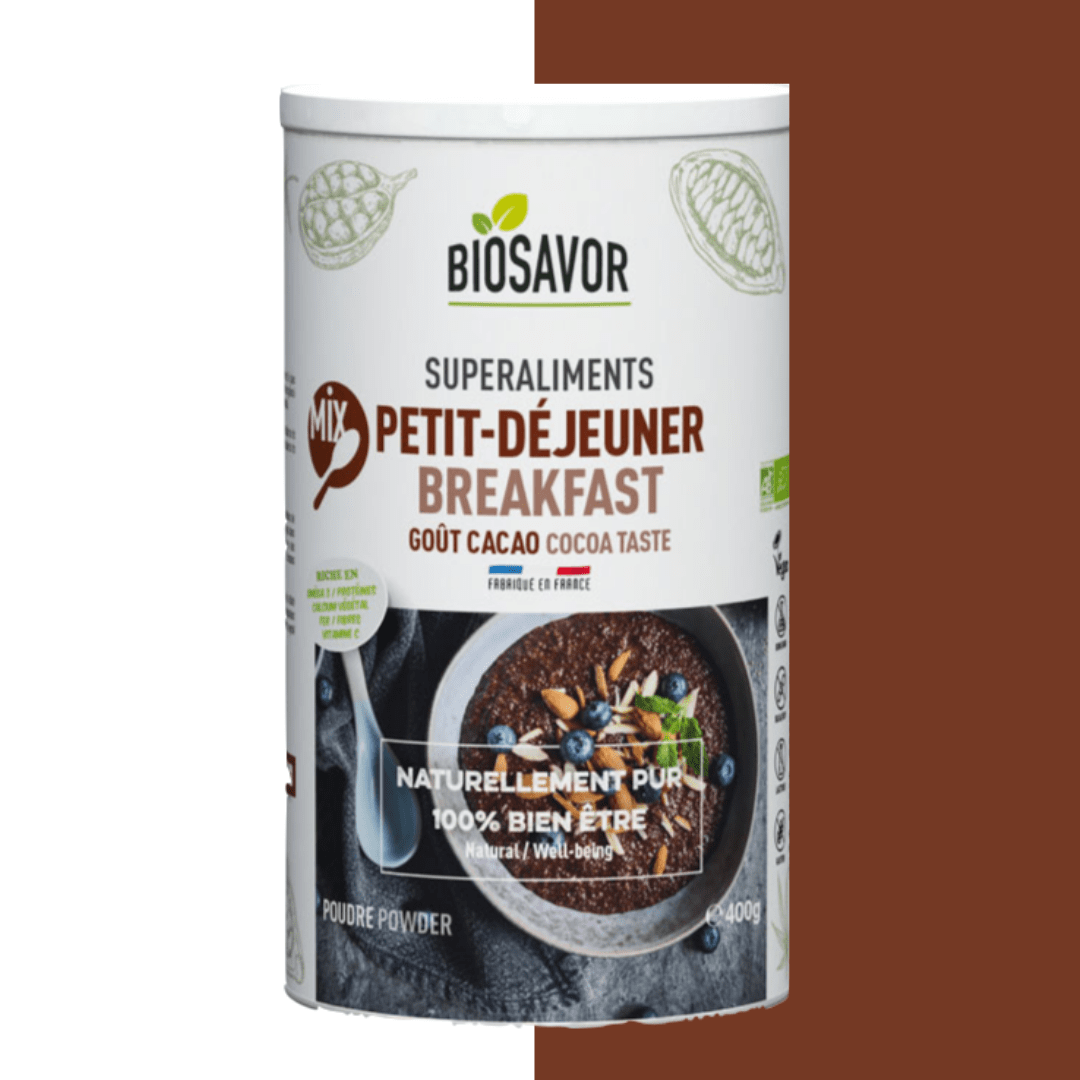Le mix petit déjeuner saveur cacao en poudre Bio de la marque de superaliments française BioSavor