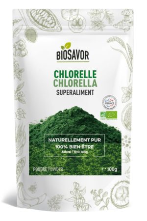 La chlorelle en poudre Bio de 100g de la marque de superaliments française BioSavor