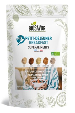 Le mix petit déjeuner en poudre Bio de 200g de la marque de superaliments française BioSavor