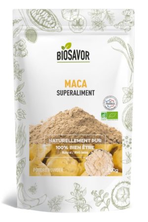La maca en poudre Bio de 200g de la marque de superaliments française BioSavor